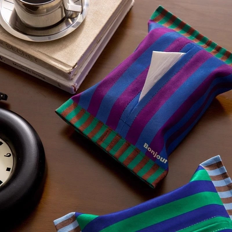 Retro Striped Napkin Holder Soft Short Plush Tissue Box Living Room Dining Table Decoration Tissue Case Kitchen Storage Bag Gift