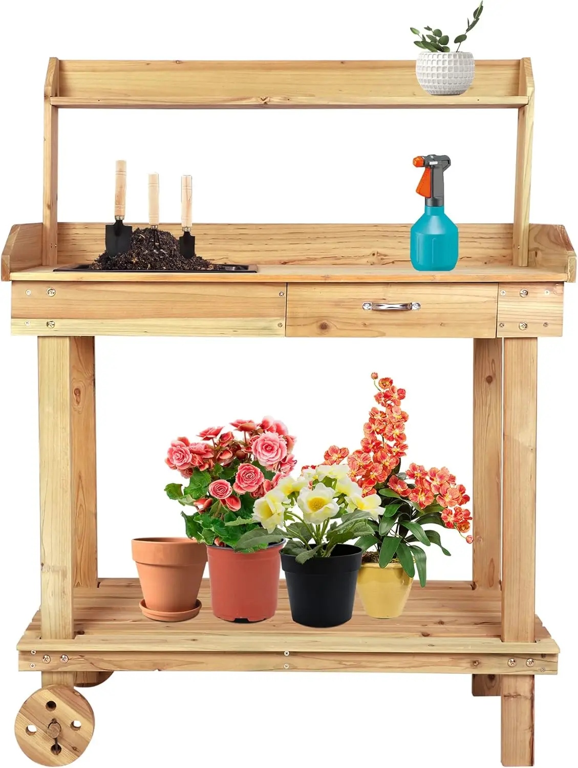 Garden Potting Bench Table with Removable Sink Gardening Work Bench with Drawer Shelves Hooks on Wheels