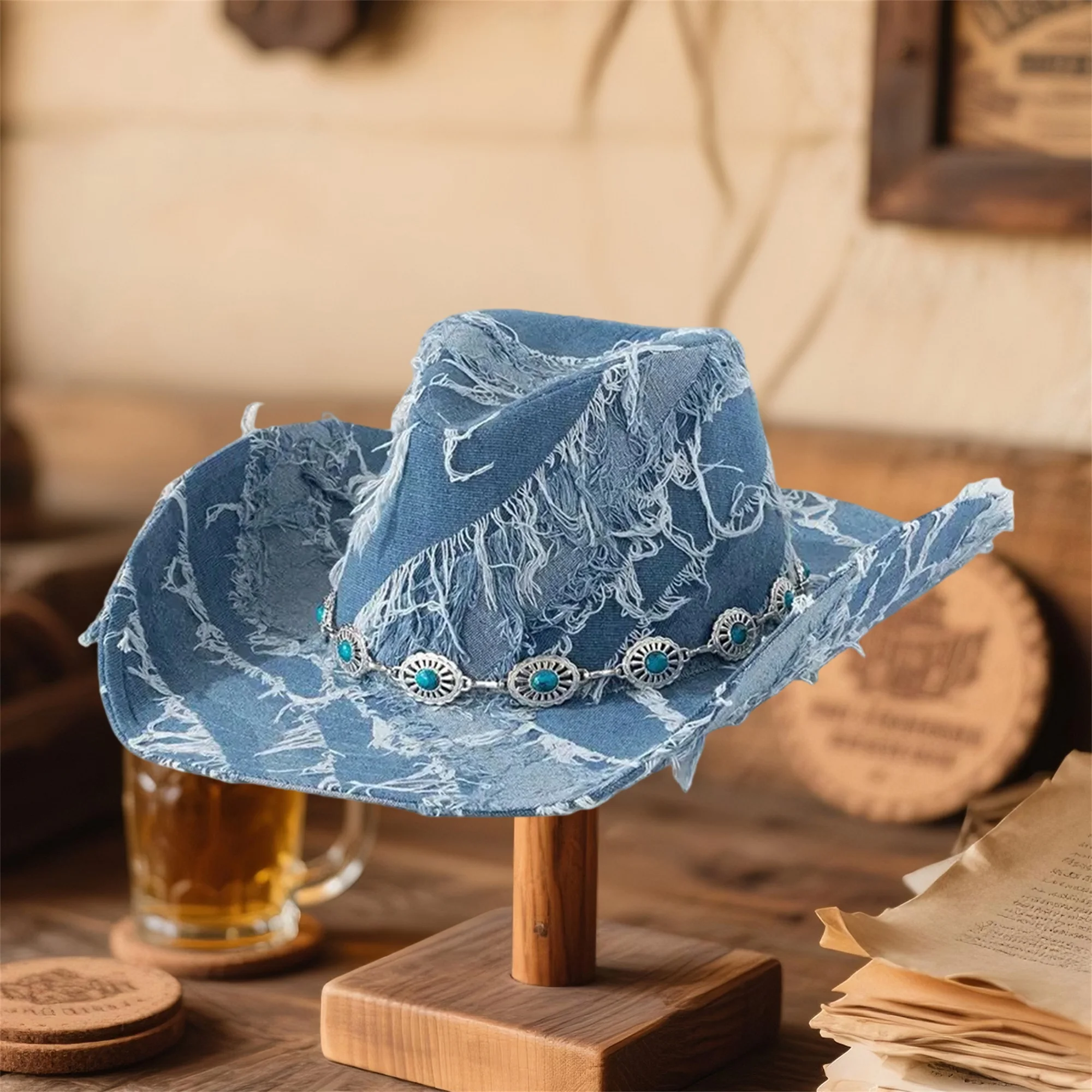 قبعة راعية البقر من قماش الدنيم بتصميم عتيق مع زخرفة رأس الثور وحافة واسعة للنساء - قبعة فيدورا غربية كلاسيكية #1