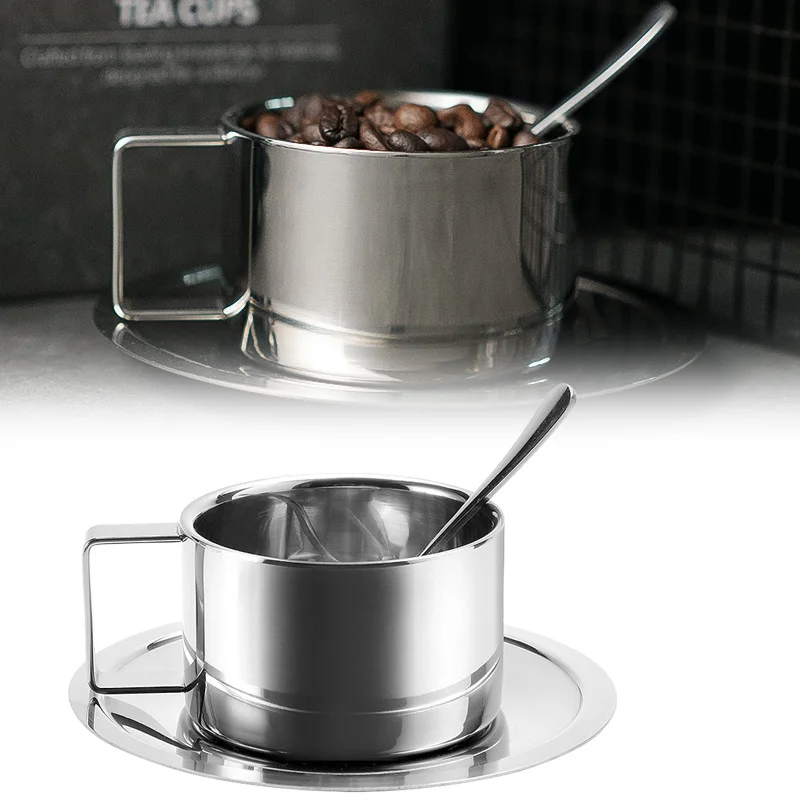 

3 шт./компл. новые кофейные чашки из нержавеющей стали с подносом, ложка для перемешивания, изоляция с двойными стенками, кружка для чая с молоком, бытовая чашка для воды