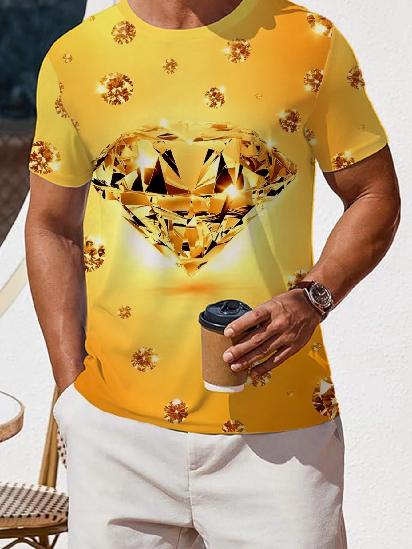 Men Large Golden Heart Diamond Small Diamond Gradient Yellow Background Print Short Sleeve Crew Neck Casual T-shirt