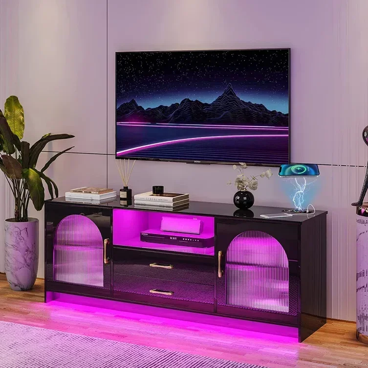

# Modern TV Cabinets With LED Lights Media Console With Glass Door Two Drawers And 5 Large Open Storage Spaces TV Stands #