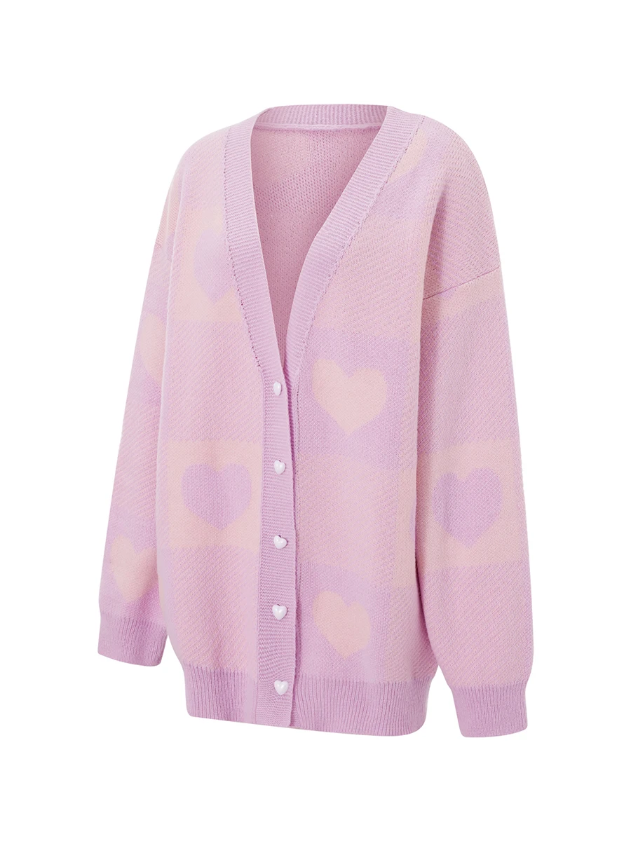 Women s Button Down Oversized Cardigan Long Sleeve V Neck Checkered Heart Print Knit Sweater Outwear