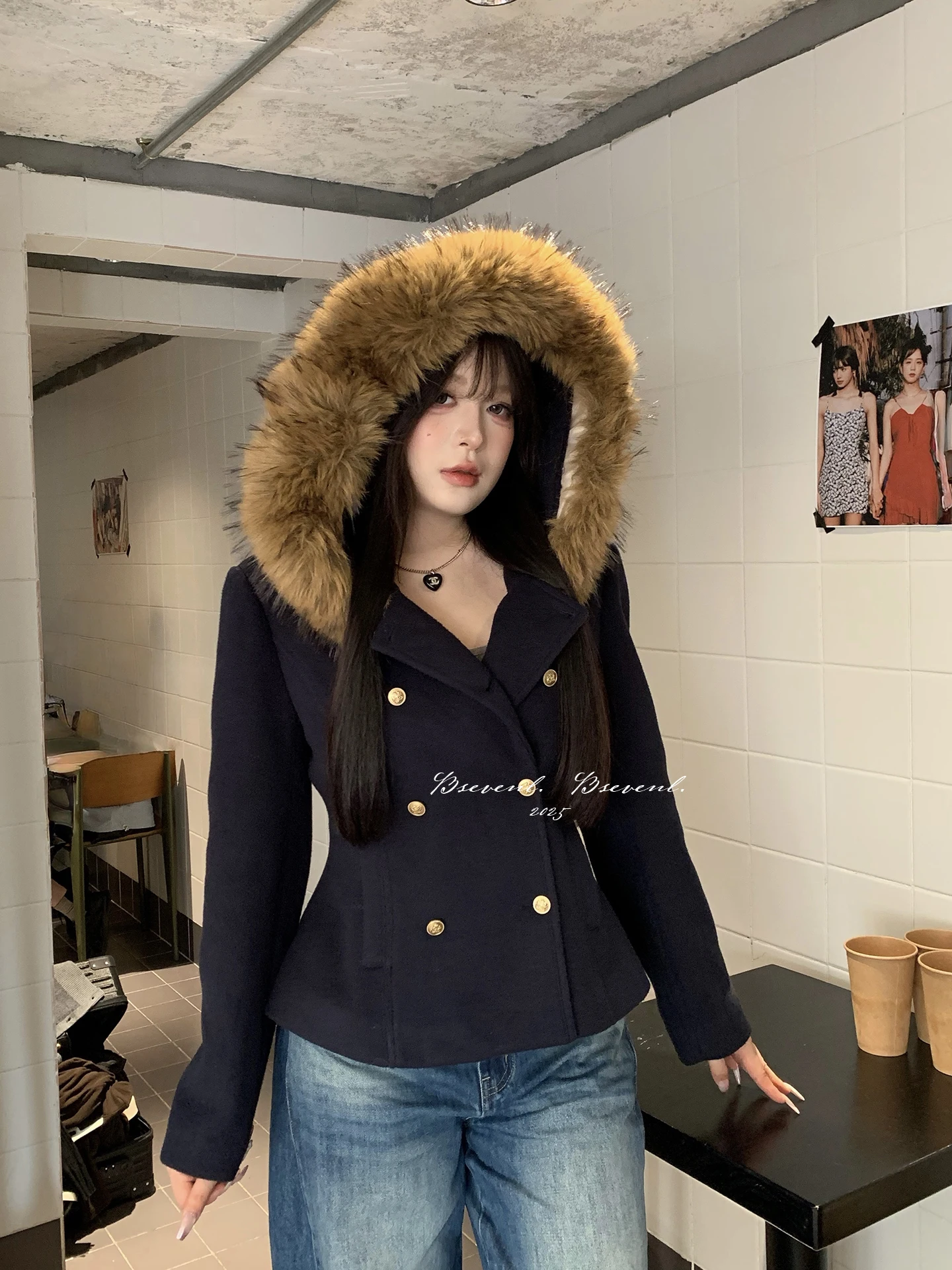 

Fall New Sle ort Woolen Coat for Women Slim Fit Waistcoat Hooded Jaet Removable Fur Collar Bla Seiren Seven Brand