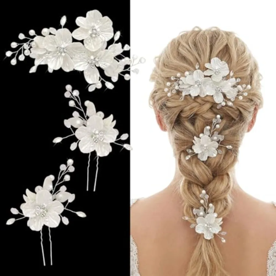 3 Pcs Bridal Wedding Hair Pins Crystal Pearl Flower Hair Clips Jewelry with Rhinestone Glitter Emboss White Flower Hair Accesso