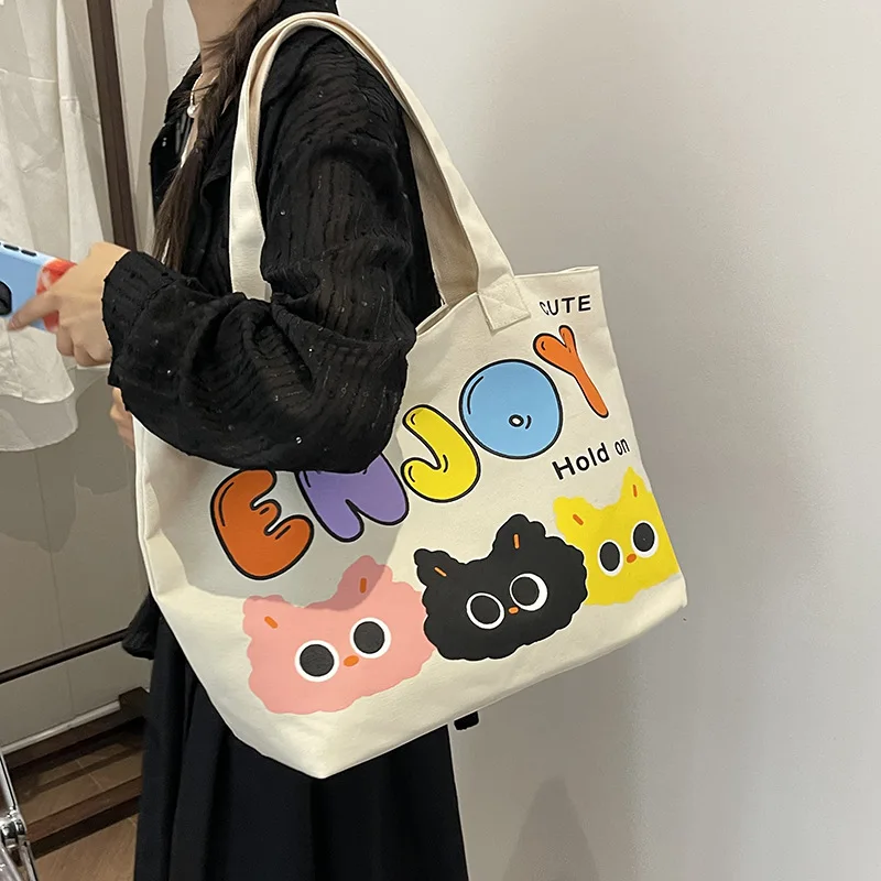 

Colorful Adorable Tote Bag Combining Alphabetic Cat Elements with "Hold on" Embellishment, Trendy Canvas Handbag Shoulder Bag