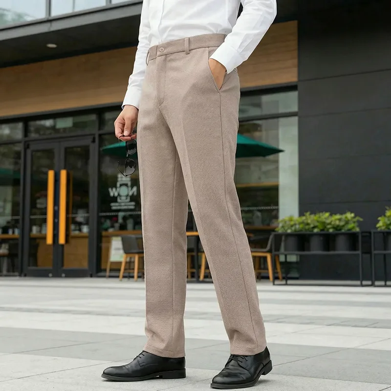 Spring Autumn British Gentleman Straight Trousers, Slim Fit Faux Wool Business Suit Pants Daily Office Casual Wear