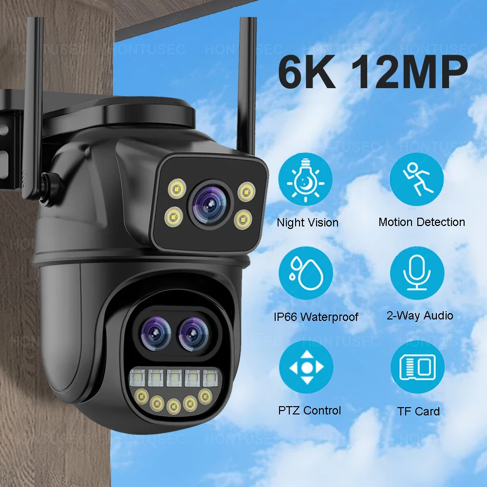 6K 12MP ICSEE Wifi Security Camera 3 Lens Dual Screen 8X Zoom Outdoor Waterproof Color Night Vision IP66 Surveillance Camera