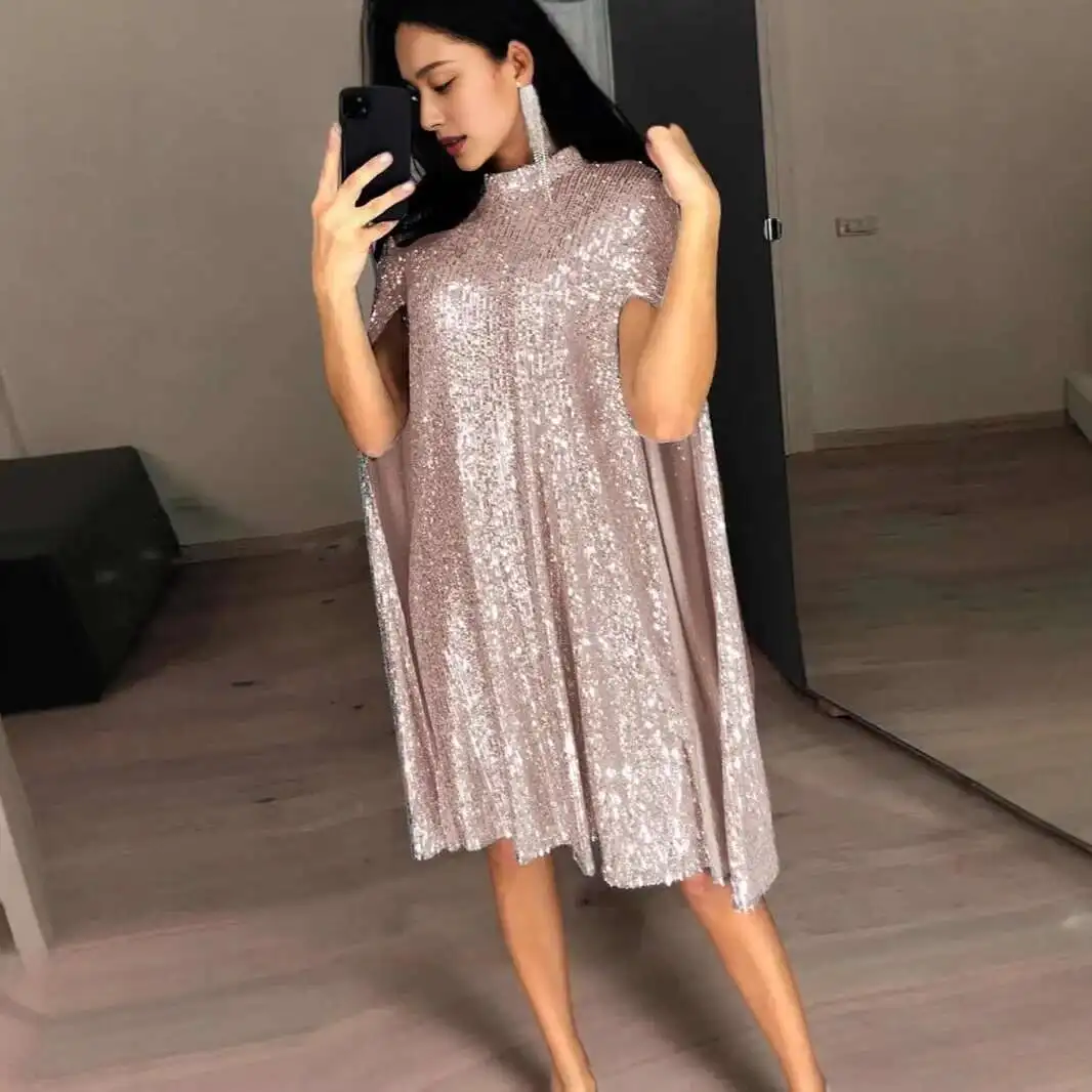 

2025 Cape Gold Summer New Style Small Stand Up Collar Sequin Dress Loose Women's Clothing Dress Robe Vestido Women Elegant