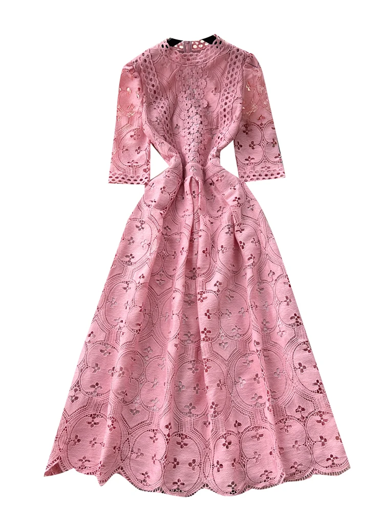 Ele High-Waisted A-Line Dr Women's Hollow out Embroidered Five-Quarter Sve Long Dr Slimming Waist Design