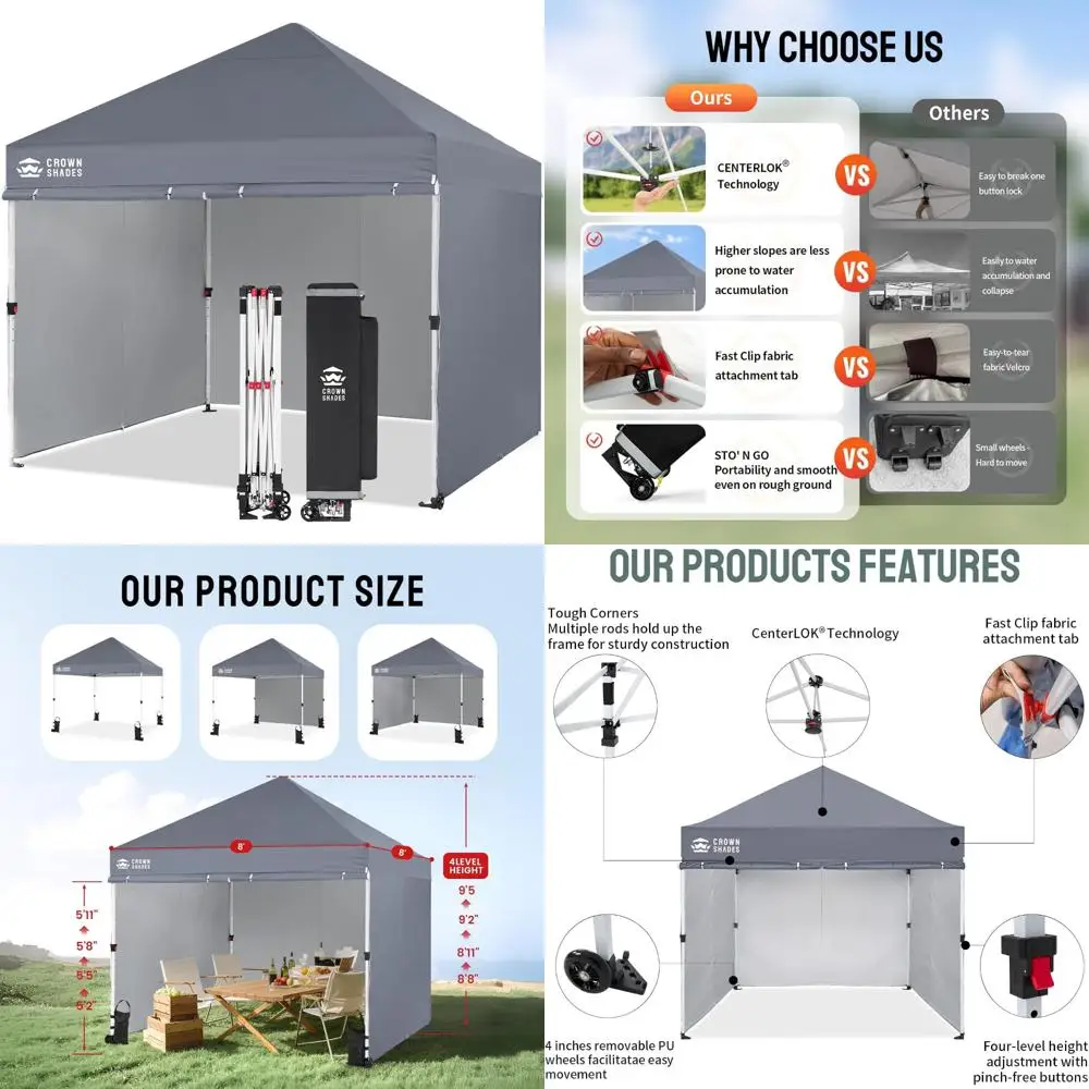 

Commercial Grade 8x8 Pop Up Canopy Tent with 4 Sidewalls, Wheels, Weights, and Centerlock for Outdoor Events