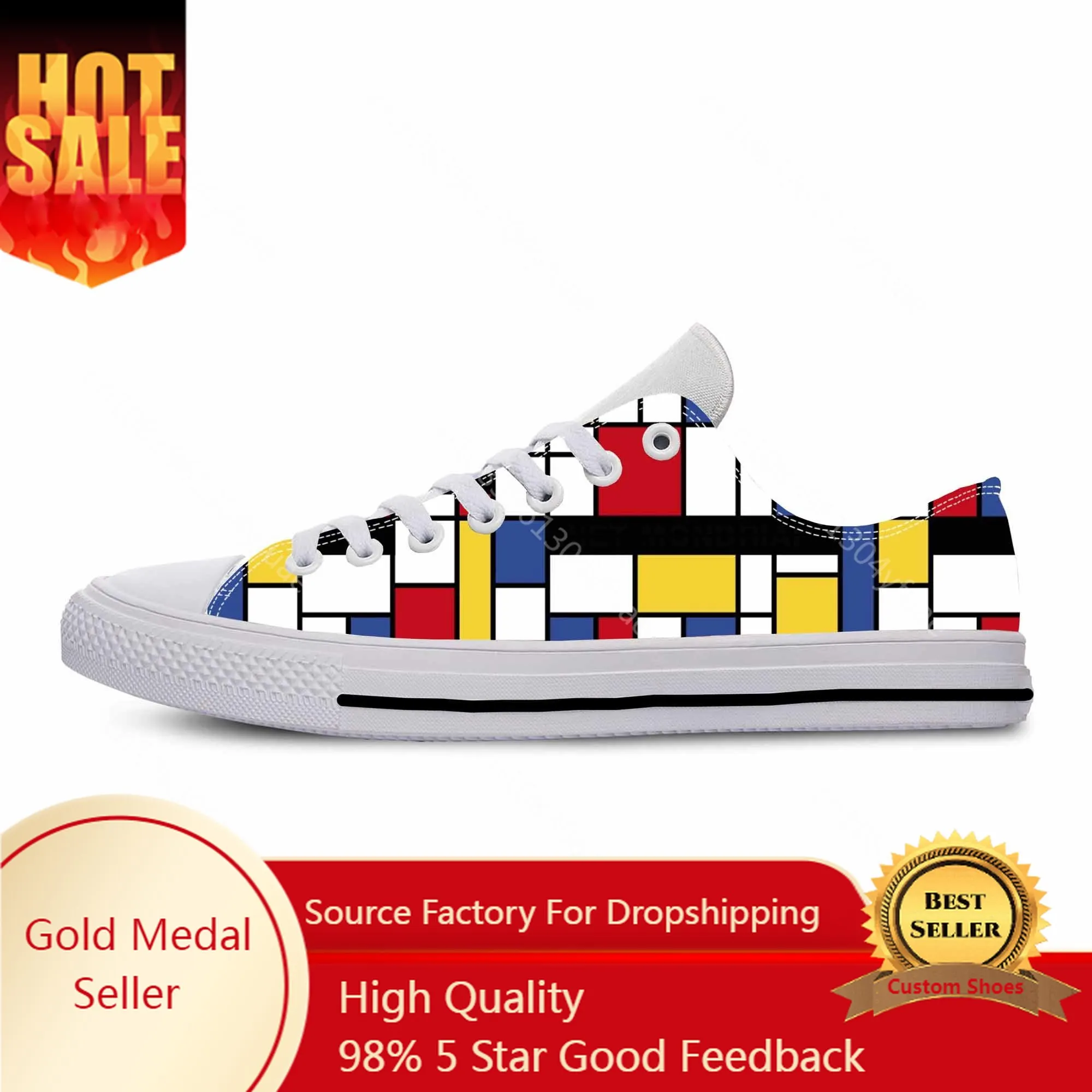 Piet Mondrian Abstract Geometric Pattern Painting Casual Cloth Shoes Low Top Comfortable Breathable 3D Print Men Women Sneakers