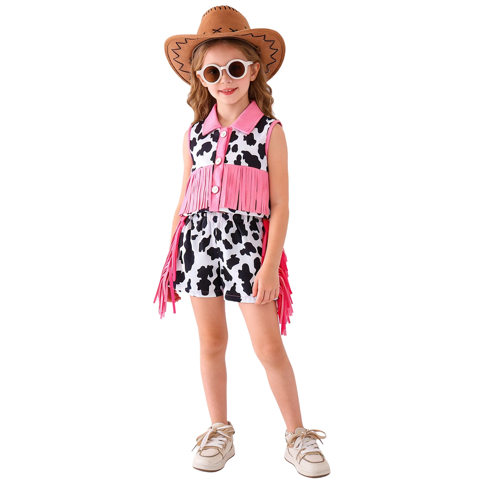 Little Girls Cowgirl Costume Two-piece Set Childs Western Cowgirls Suits Cow-print Sleeveless Vest Fringe Shorts Hippie Outfit