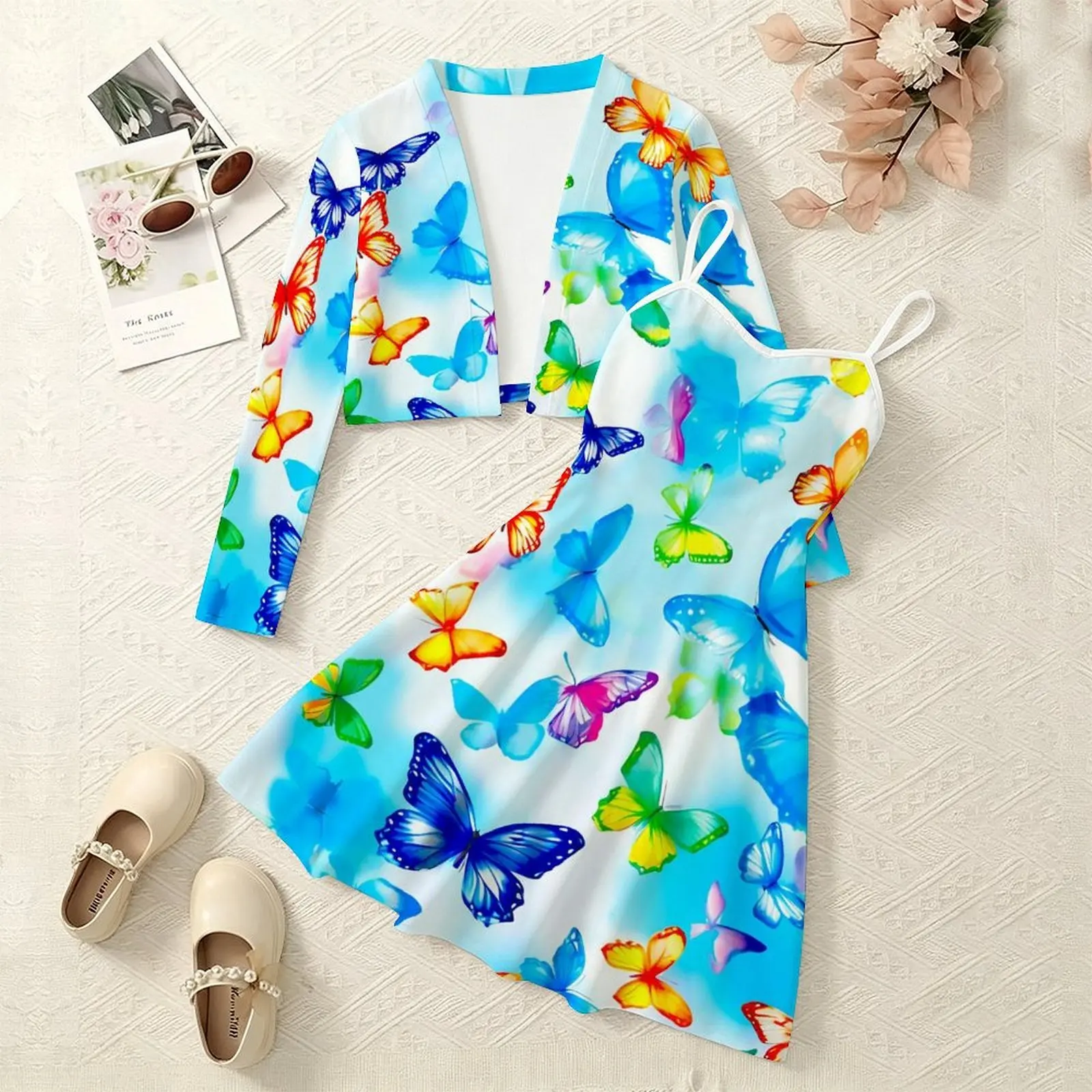 Girls Print 2Pcs Outfit, Sweet Adorable Long Sleeve Cardigan & Spaghetti Strap Dress, for Daily Everyday Wear Vacation