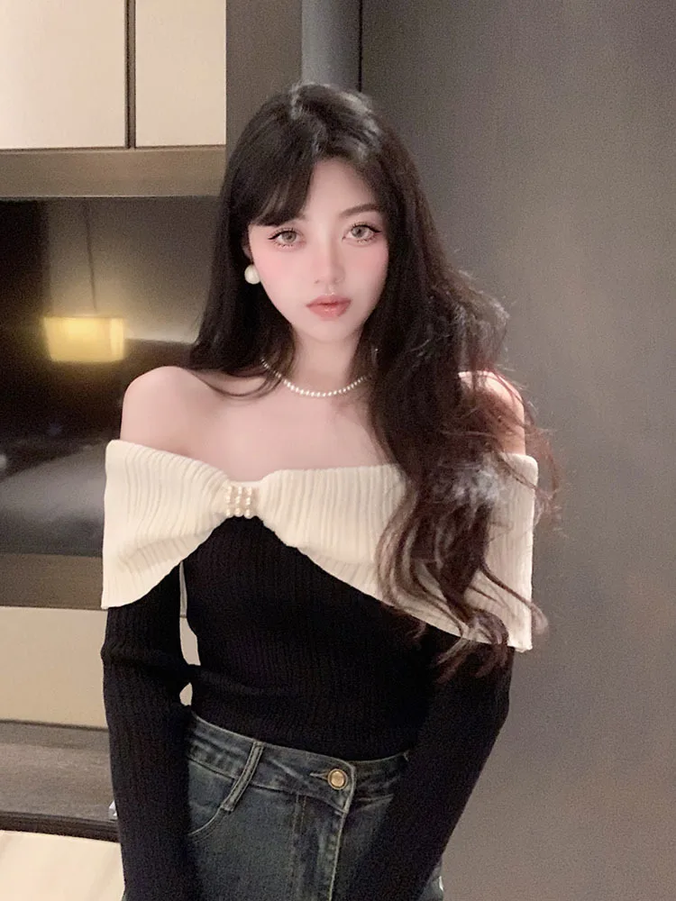 Hit Color Off Shoulder Sexy Strapless Long Sleeve Slim Knitwear Tops 2023 Autumn Winter Bottoming Knitted Sweater Mujer