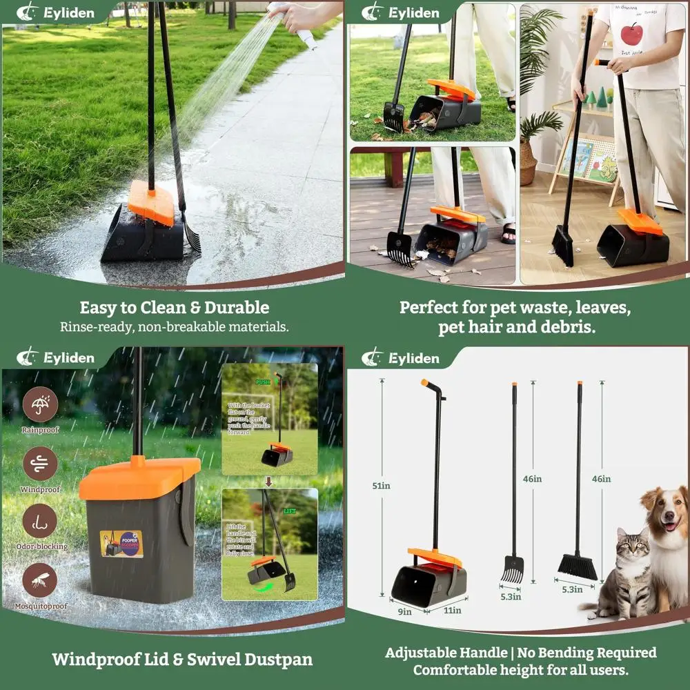 

Adjustable Long Handle Pooper Scooper Set: Dustpan with Lid, Rake, Broom, 35 Bags, 46 for Yard & Garden