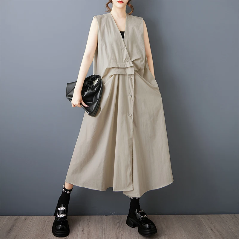 Summer Korean Sle Loose Large Size Patchwork Casual Commute Sweet Svel Dr Pure Color High Waist Cotton Blend