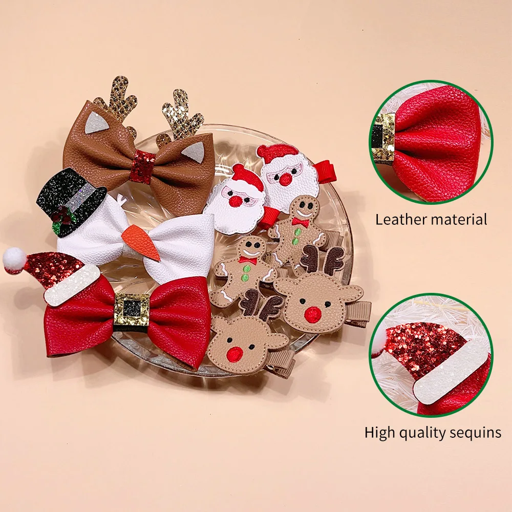 Cute Kids Christmas Gingerbread Man Hair Clip Delicate Leather Bowknot Santa Elk Hair Accessories Lovely Party Dress Up Headwear