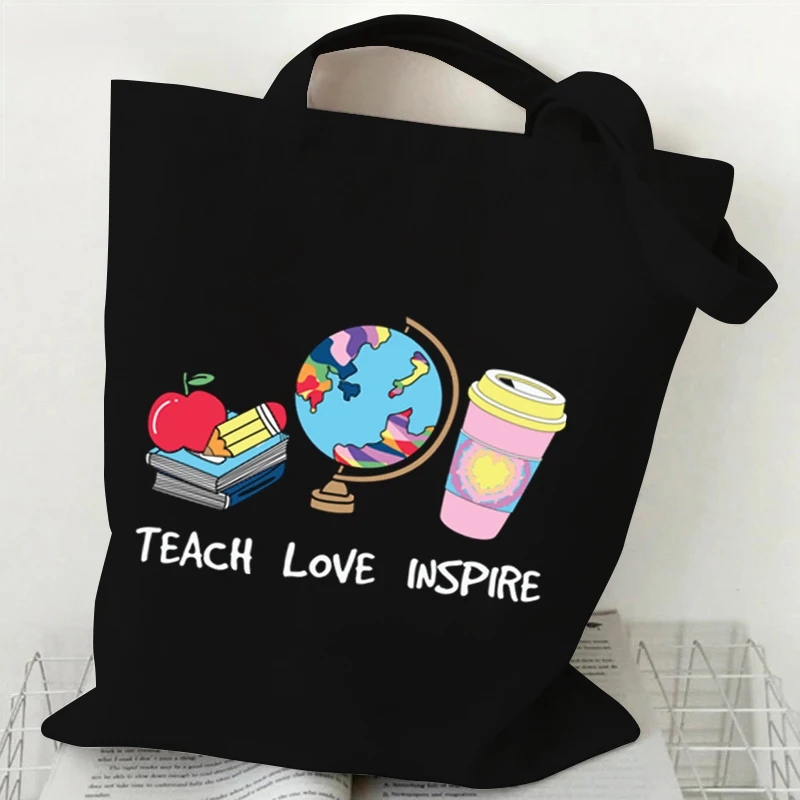 Bolso de mano de lona para la vida del maestro, bolsos de hombro con forma de globo de dibujos animados para mujer, es un hermoso día para aprender, bolso de compras estampado, bolsos para adolescentes