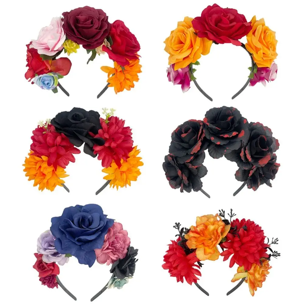 Cosplay Halloween Party Costume Headwear Photo Props Hawaiian Mexican Rose Flower Crown Boho Mardi Gras Headgear for Women