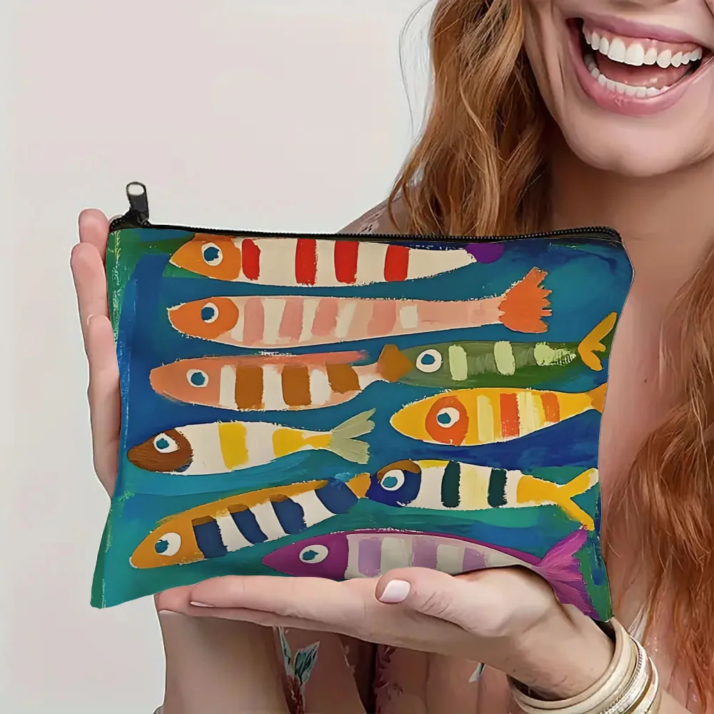 للجنسين-الكبار مختلط اللون العصرية البسيطة زيبر الحقيبة حقيبة مستحضرات التجميل تخزين متعدد الوظائف مع زيت الزيتون تصميم السردين المحمولة