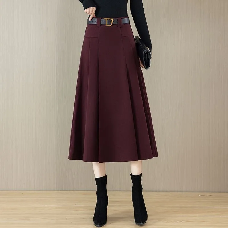 Encore Red Wool Skirt Women in Autumn Winter New High-waist Mid-length A-line Pleated Skirt Large Umbrella Skirt WJ2
