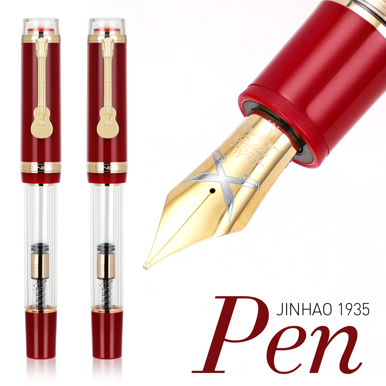 

Ручка перьевая Jinhao 1935 TIANDAO, роскошный зажим для гитары, F/M перо, прозрачные красные карандаши с чернилами, офисные и школьные принадлежности, Канцтовары