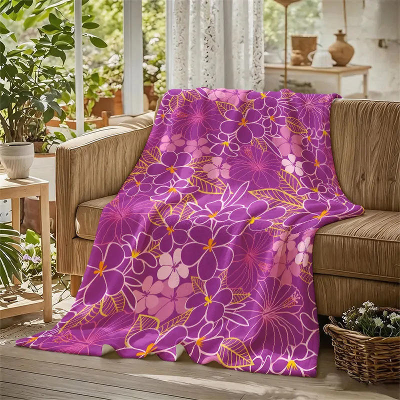 Purple Hibiscus Bloom Flannel Blanket Warm Soft Halloween Christmas Decorative Couch Warm Cozy All-Season Gift