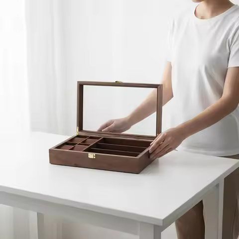 4 Compartment Watch 3 Compartment Glasses Holder Dustproof Wooden Watch and Glasses Box Walnut Wood Jewelry Organizer Removable