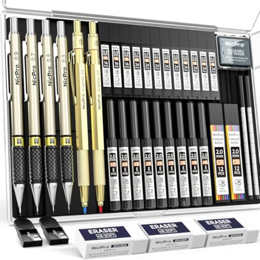 

37PCS Gold Art Mechanical Pencil Set, 4PCS Metal Drafting Pencil 0.3/0.5/0.7/0.9 mm and 2PCS 2mm Lead Holder 6B 4B 2B HB 2H 4H