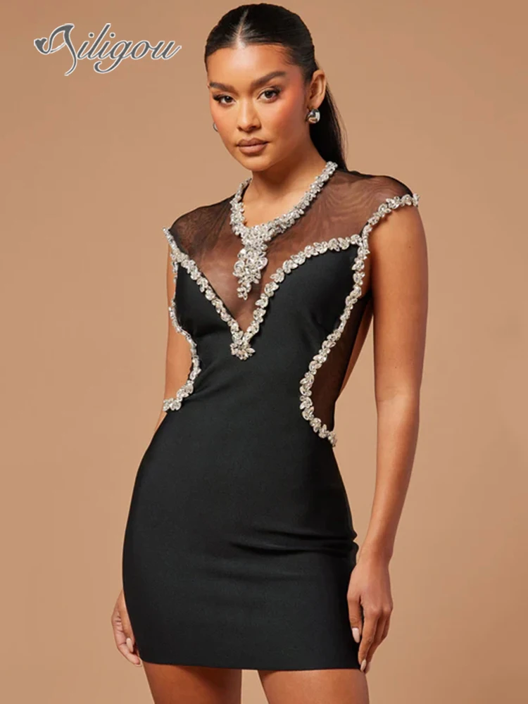 Ailigou 2024 New Summer Women's Black Sexy Open Back Mesh Diamond Tense Mini Bandage Dress Elegant Celebrity Party Dress