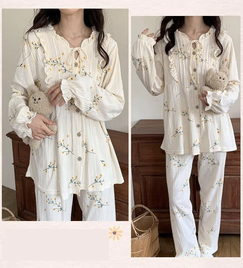 Autumn Knitted Cotton Leisure Lounge Wear Pajamas Woman Fashion Sleepewear Suit Long Sleeve Print Female Loungewear New Models