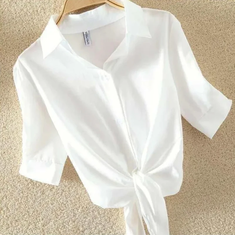 Summer White Shirt 2024 Basic Short Sleeve Women Blouses Solid Buttoned Up Shirt Top Tied Waist Elegant Women Tunics Tops 19870