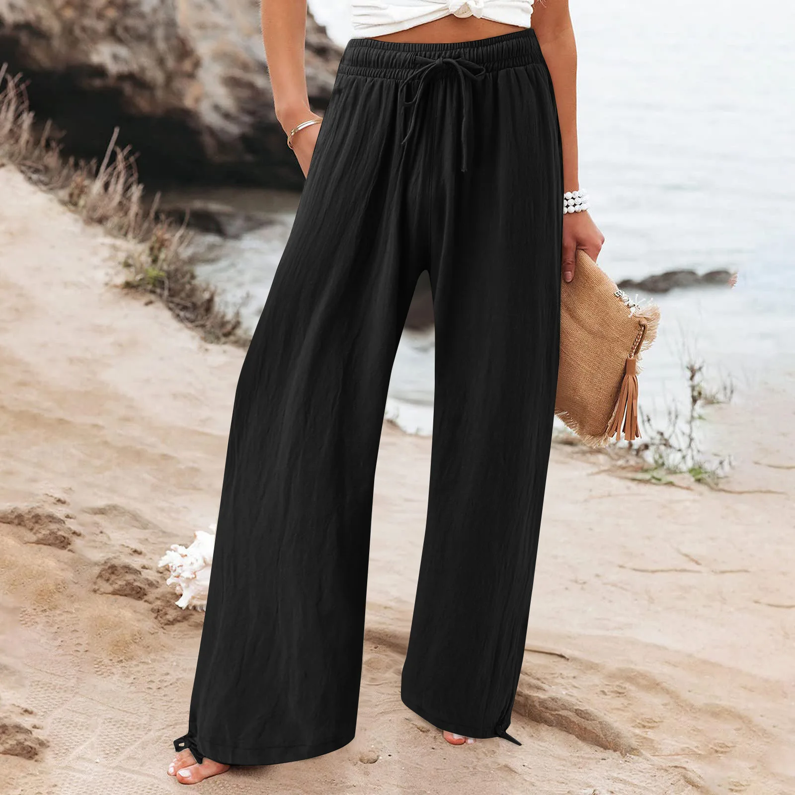 Spring and Summer Women's Thin Trousers Elastic Waist Straight Fashion Basic Versatile Wide-leg Pants for Female