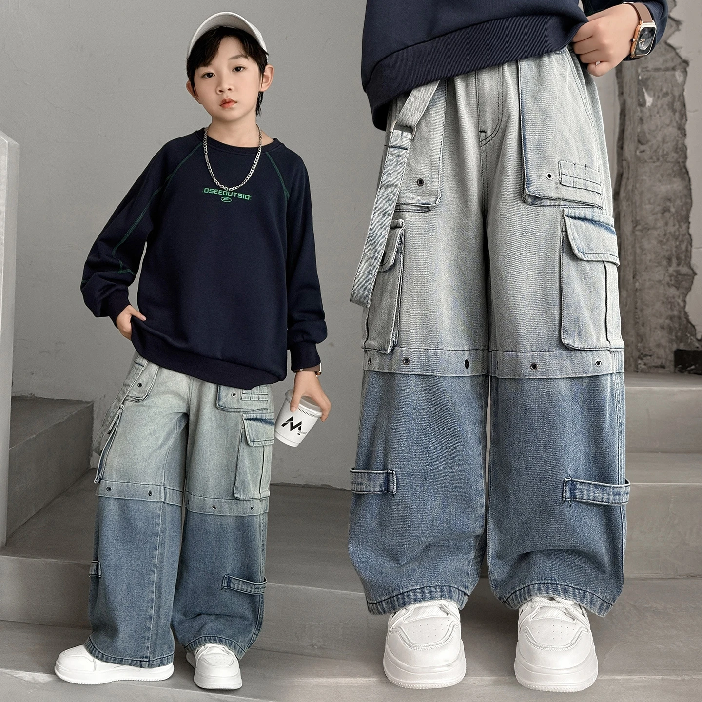 جينز غير رسمي للمراهقين مع جيب كبير للأطفال بنطال جينز فضفاض جديد للأطفال على الموضة ملابس جينز