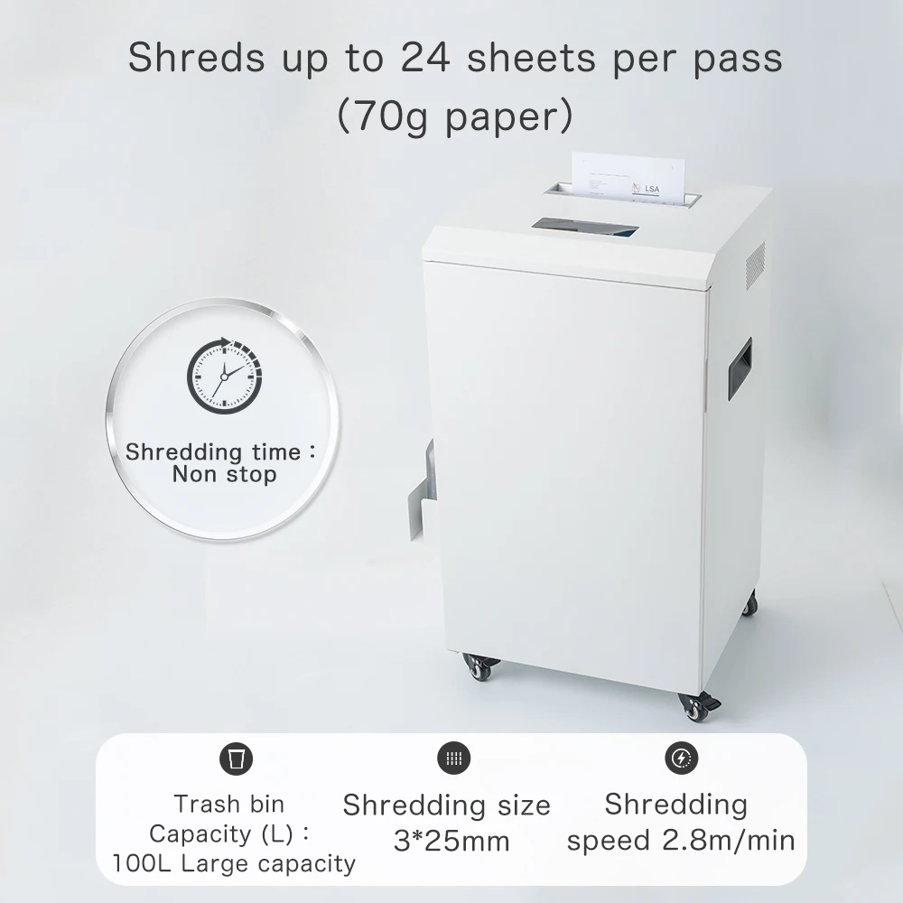 100L Auto Lubrication Paper Shredder 5 Level High Security 25 Sheets Mobile Document Destroyer Equipment for Office Commercial