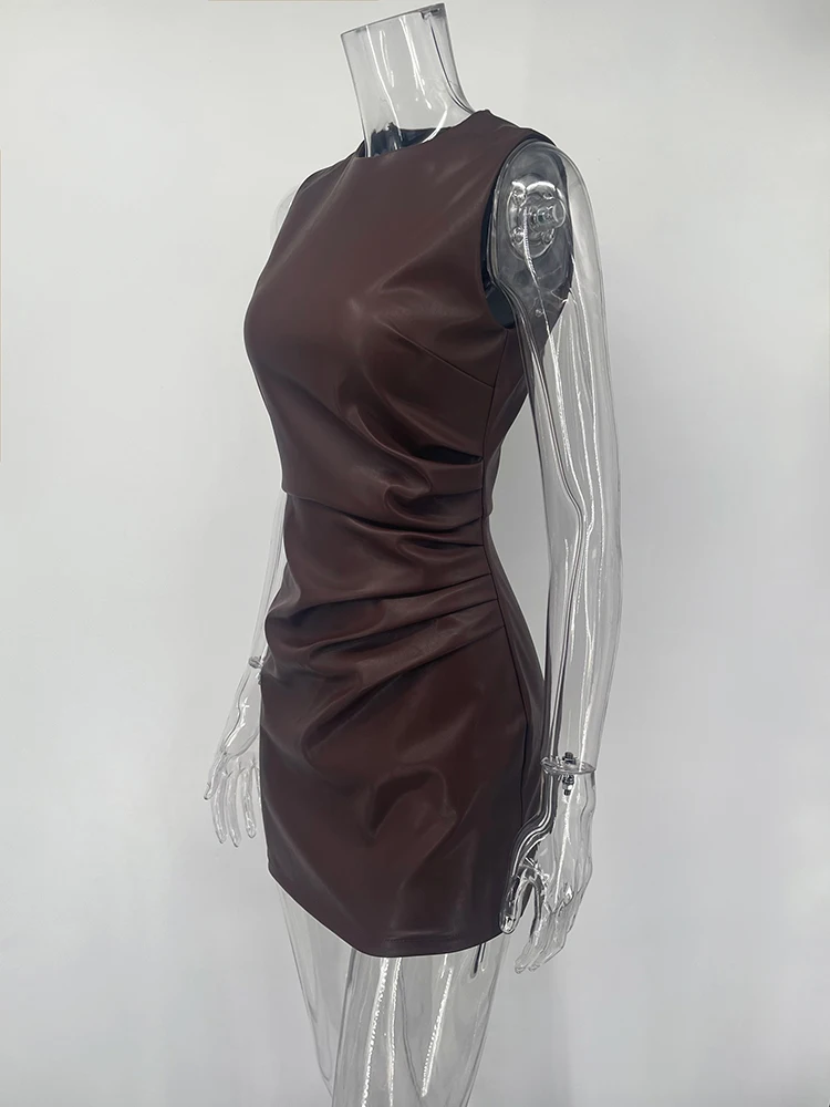TARUXY Sleeveless Leather Maxi Dress For Women Tight Pleated Sexy Hip-Hugging Dress Vestido Solid High Waist Party Female Dress 15