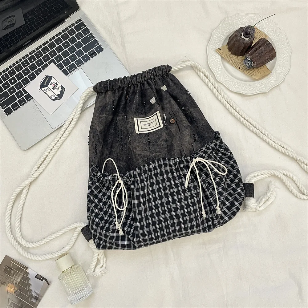 حقيبة ظهر بنمط مربعات مرقعة بألوان متباينة، حقيبة ظهر من القماش بتصميم بسيط لربيع وصيف النساء تستخدم الحقائب