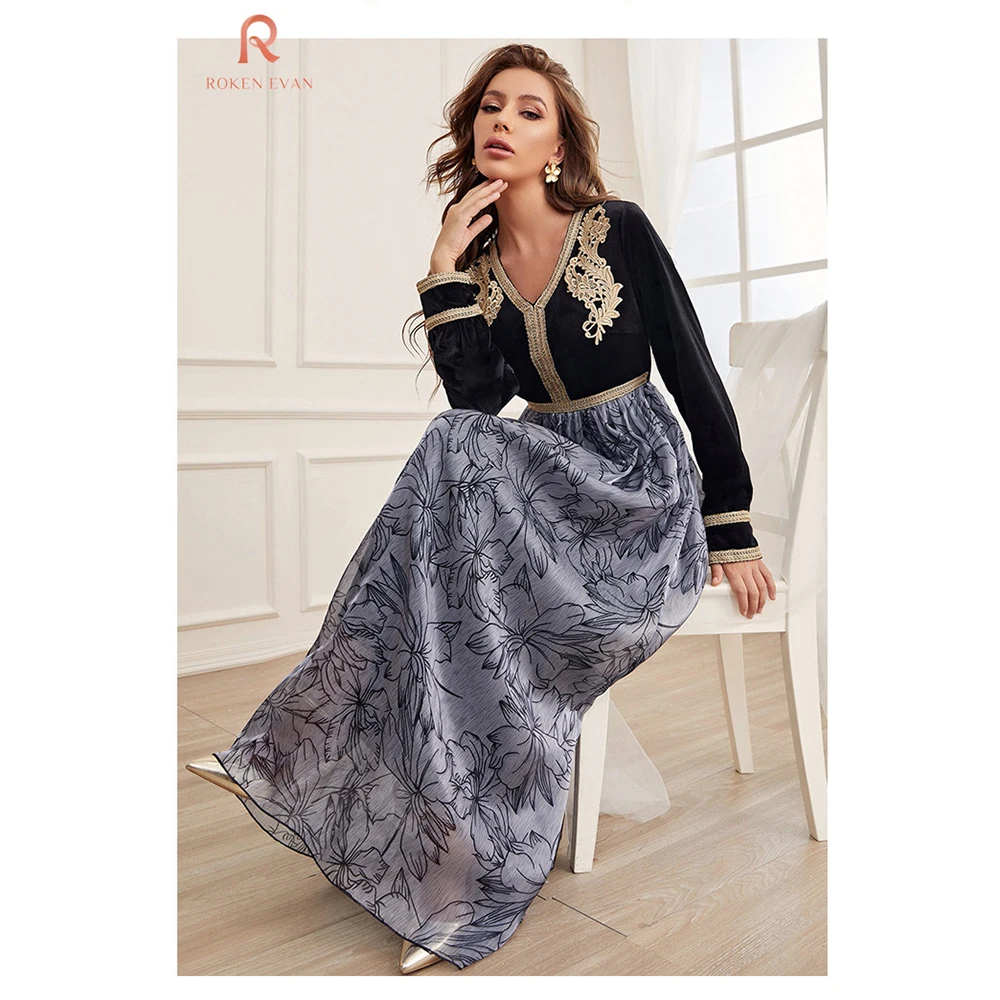 ROKEN EVAN 2024  Maxi Dresses For Women High-waisted Black Organza Muslim Wedding V Neck Long Sleeve Slim Elegant Abaya  Fashion