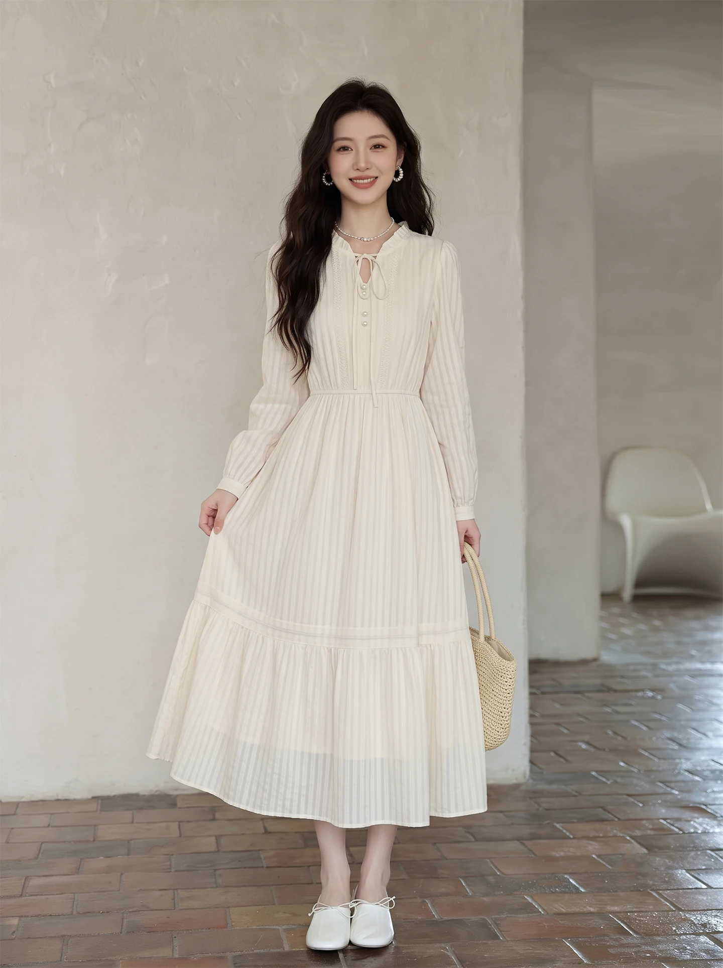 Elegant V-Neck Long Sleeve Midi Dress Women's Soft Style Unique Beautiful Temperament Autumn Fashion Casual Breathable Skirt