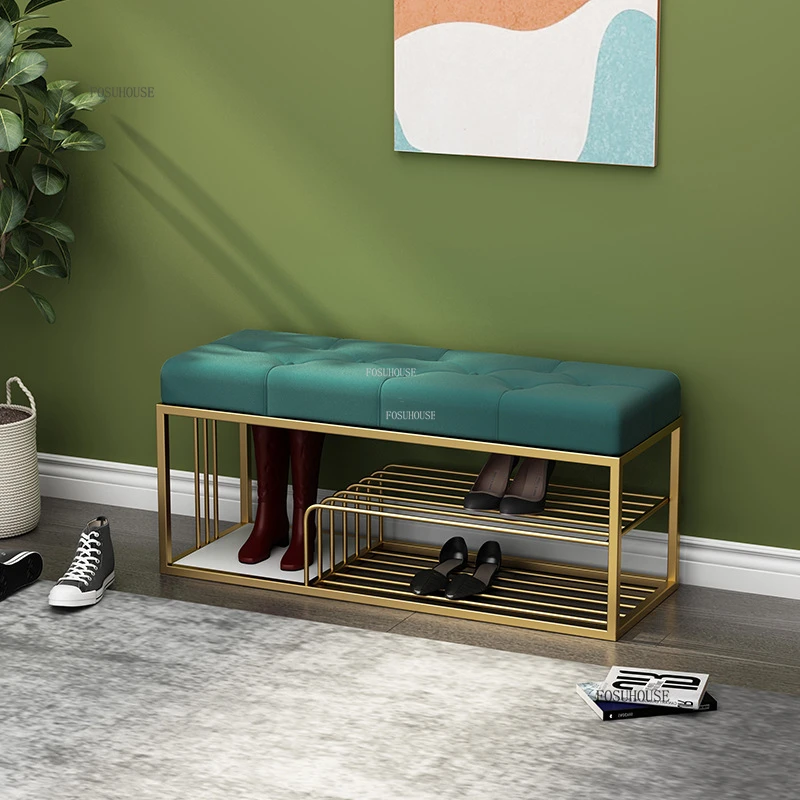 Nordic Iron Shoe Changing Stools Home Living Room Furniture Door Ottomans Light Luxury Cushioned Bench Creative Bed End Stool X