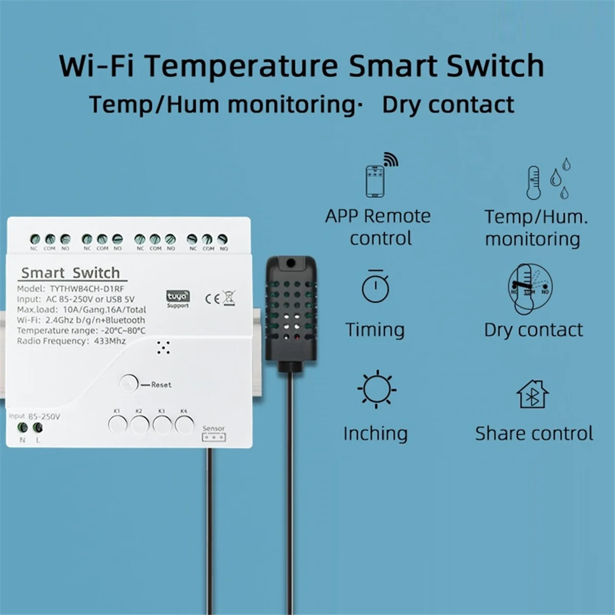 Tuya Smart WiFi Relé de 4 canais com sensor de temperatura e umidade Interruptor de contato seco passivo RF433 para Alexa Alice(B)