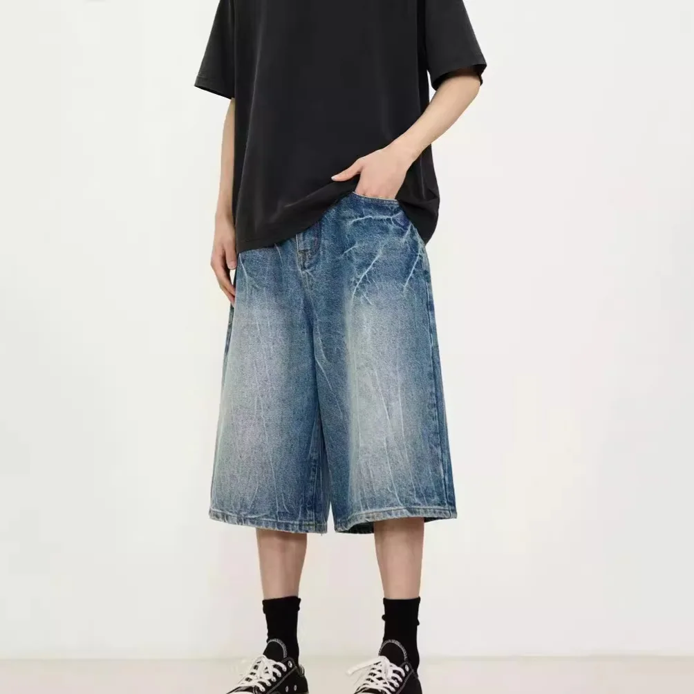 American Retro Loose Silhouette Washed Old Seven-point Denim Shorts Men's And Women's High Street Design Wide-leg Pants
