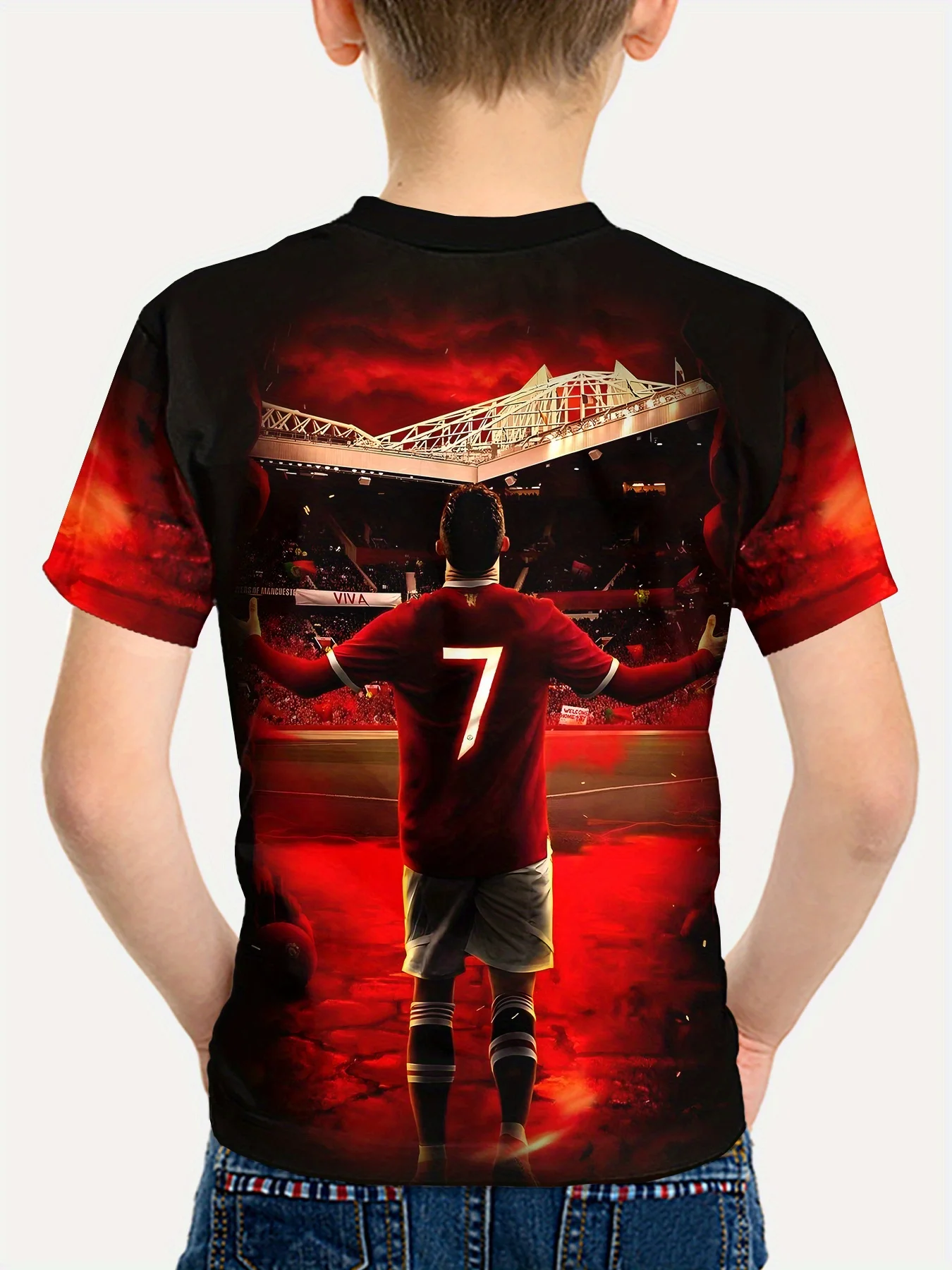 Boys Football Star Number 7 Printed T‑Shirt, Children Red Theme Stadium Soccer Player Pattern Short‑Sleeve Casual Daily Tee