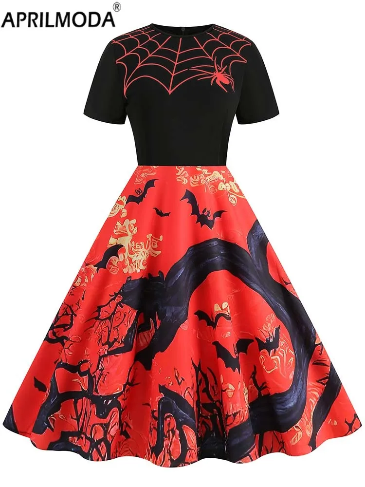 Eleganckie świąteczne kostiumy na Halloween sukienki z krótkim rękawem z nadrukiem 2023 jesień zima 50s Vintage Party Dress Cosplay Vestidos