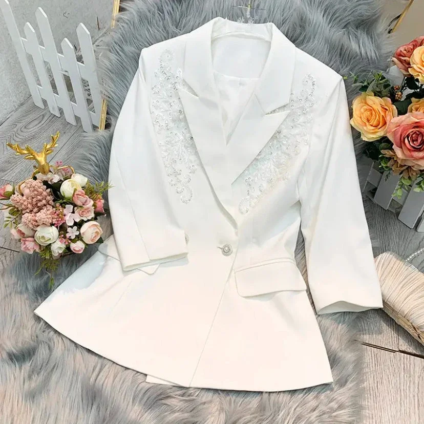 Summer 3D Carved Flowers Embroidery Sequined Blazers Coat Beaded Suit Jacket Half Sleeve Turn Down Collar OL Cardigan Slim Tops