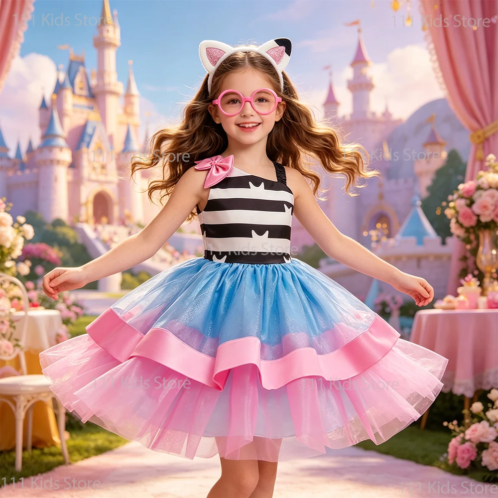 Summer Dress Cat Striped Princess Dress Girls Doll Cosplay Costume with Accessory Perform Outfit Kids Birthday Gift