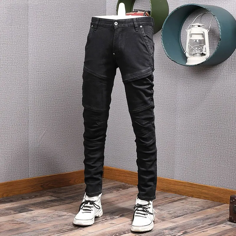 Street Fashion Men Jeans Black Stretch Slim Fit Vintage Casual Denim Jeans Spliced Designer Hip Hop Denim Biker Pants Hombre