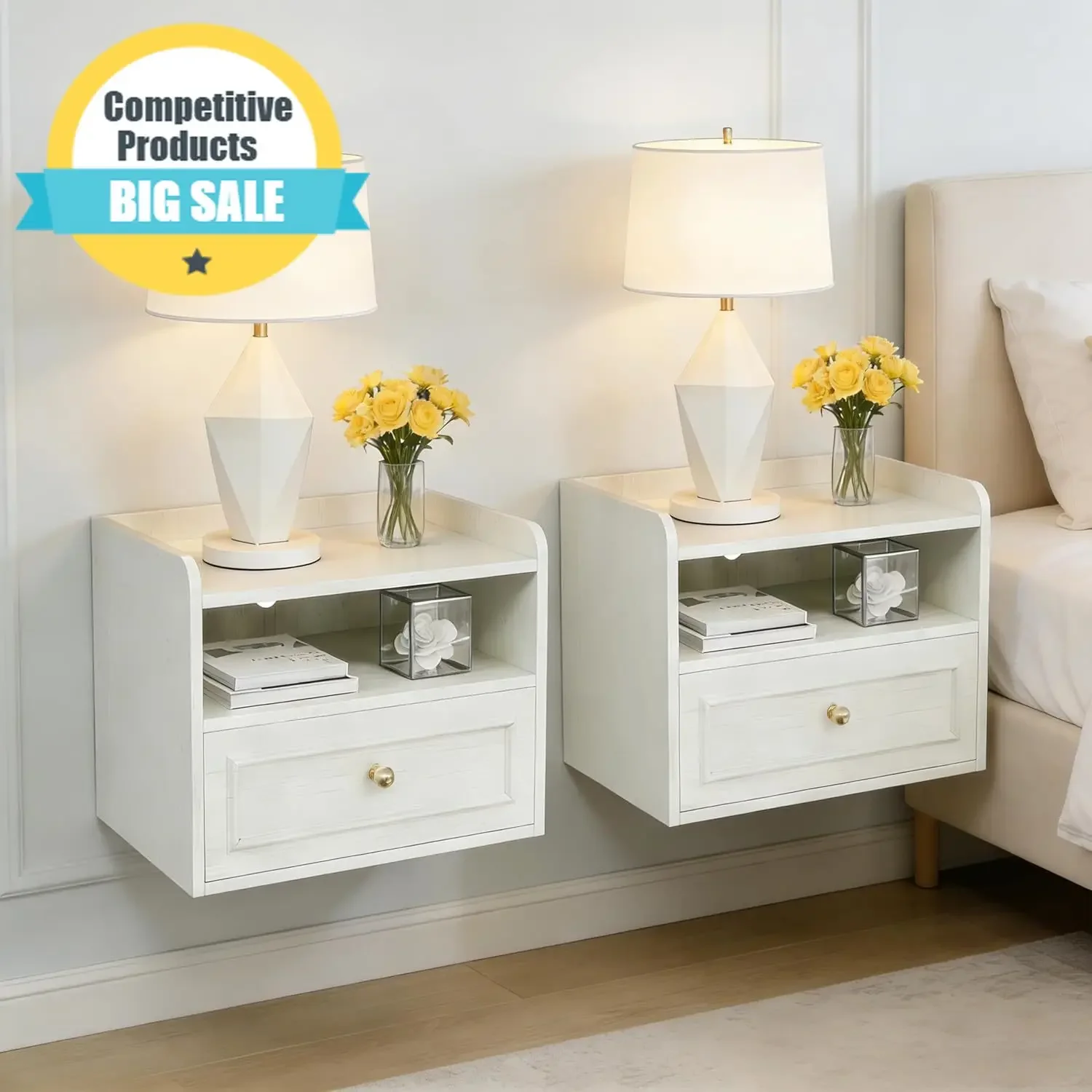 

Floating Nightstand with Charging Station Set of 2, Modern Wall Mounted Bedside Tables with Drawer & Open Shelf, Modern Hanging