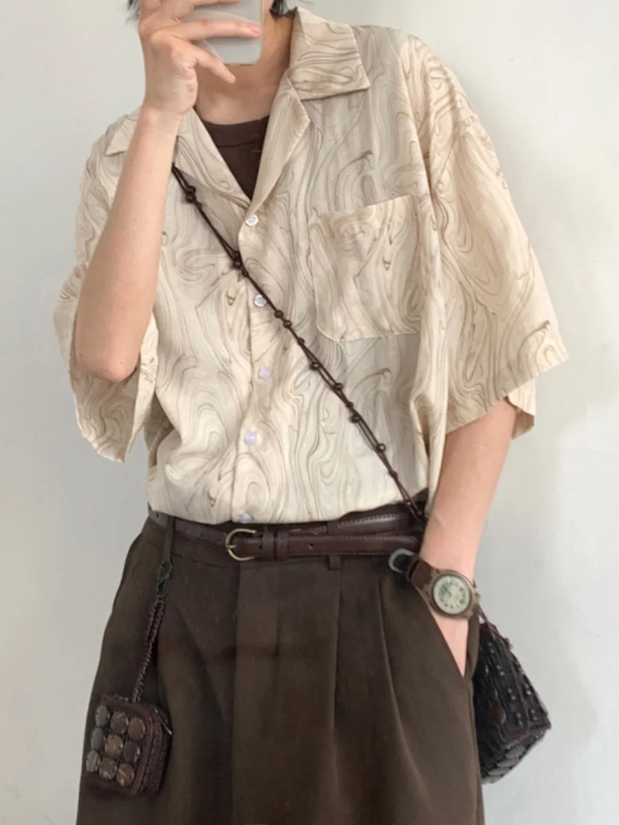 

Summer Thin Ice Silk Cool Feeling Cuban Collar Beach Patterned ort Sve irt Men Women Loose Fit No Ironing Required